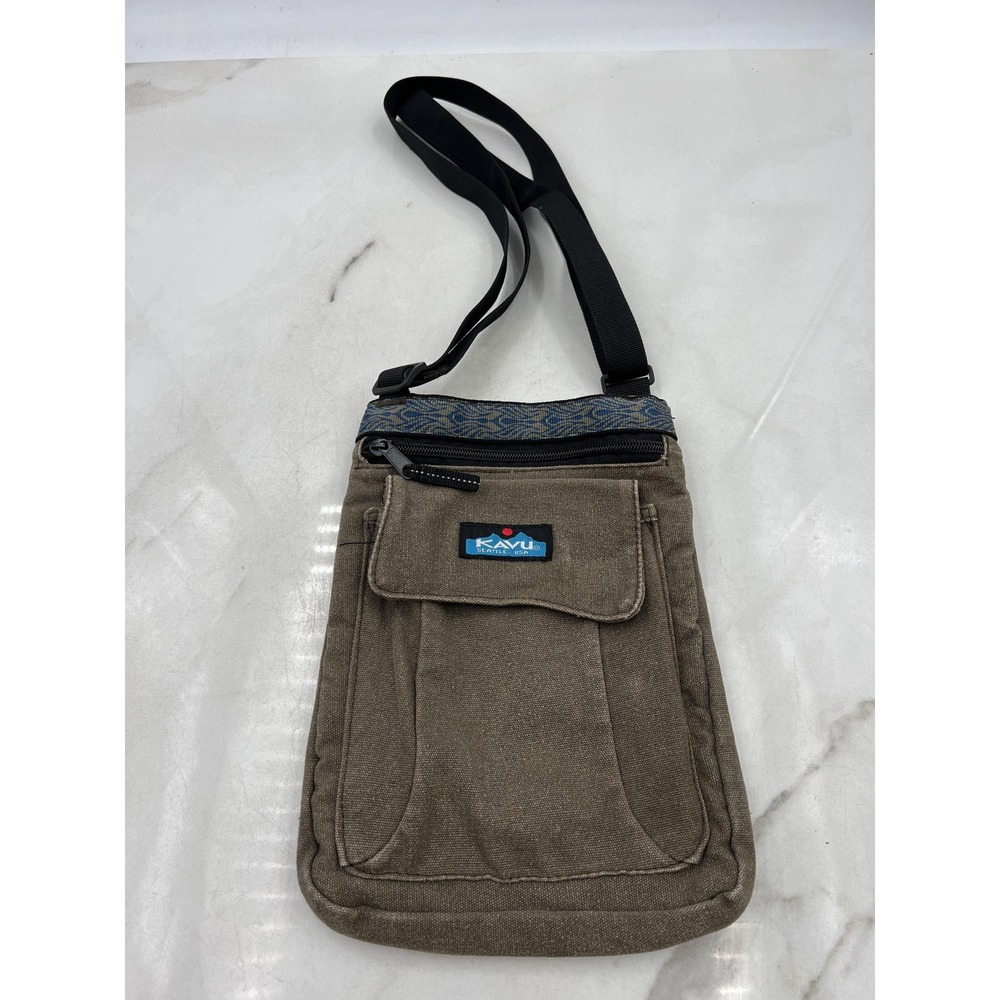 KAVU Keeper Crossbody Bag Brown Canvas Travel Purse Patterned Strap